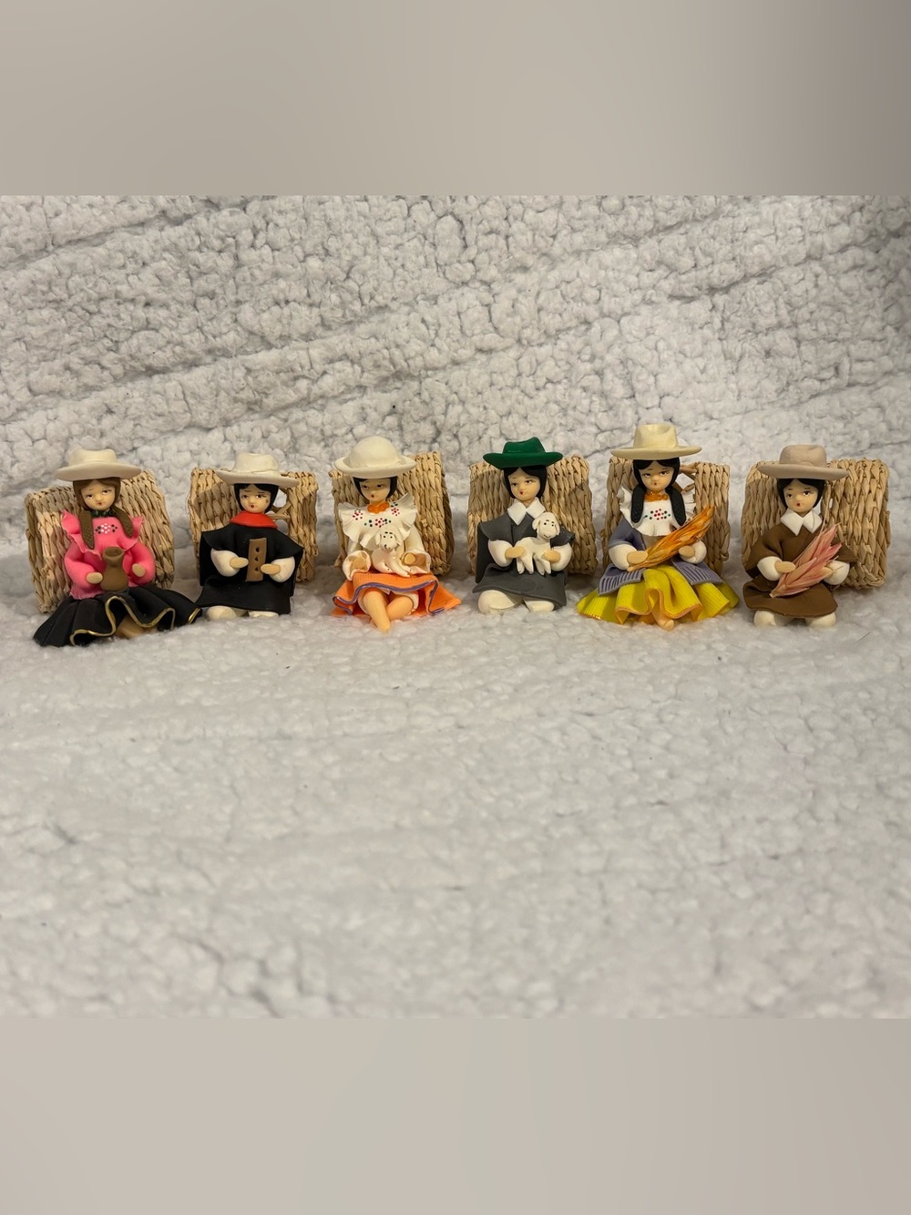 Vintage Peruvian Folk Art Napkin Rings Set of 6 Handmade Andean Doll Woven Straw